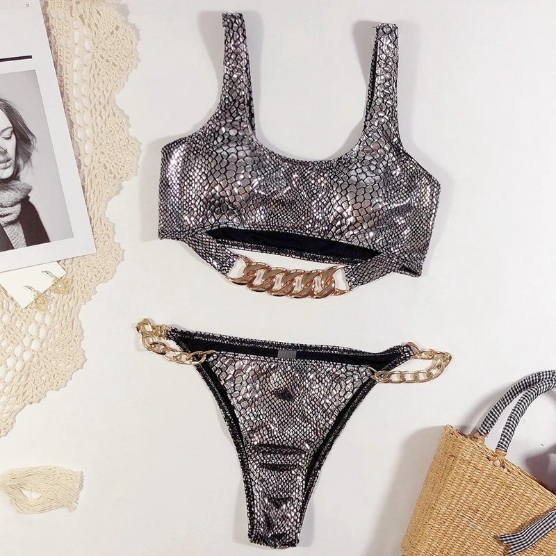 Металлическая цепь бикини Snakeprint купальник блестящее Cut Out Купальники Для женщин