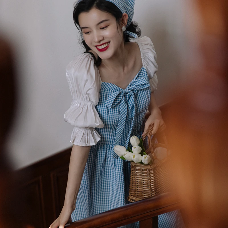 

Korejepo Women Dress 2021 Summer New French Retro Cotton and Linen Blue Plaid Stitching Bow Square Collar Puff Sleeve Long Dress