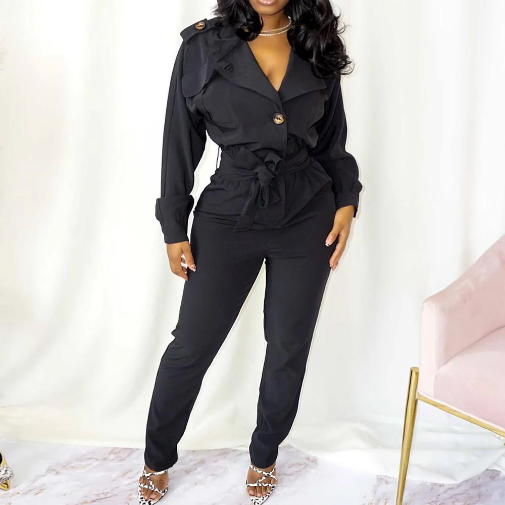 

Women Casual Jumpsuits Office Lady Long Sleeve Belt High Waist Office Lady Work Wear Clothes 2021 Chic Long Jumpsuits Streetwear