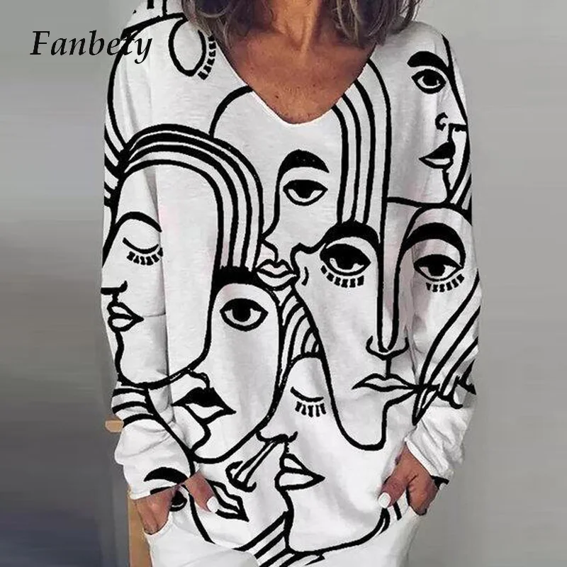 

Women Long Sleeve Loose Blouse Shirt Autumn Vintage Abstract Print Streetwear Tops Plus Size Casual V Neck Female Shirt Blusas