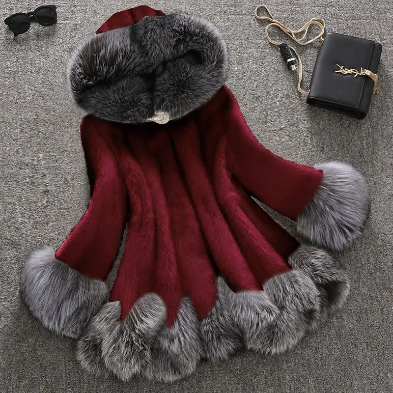 Faux Fur Coat Women Autumn Winter Mink Coat Fox Fur Collar Hooded Jacket Plus Size 6XL Tops Fur Jackets Female Christmas Clothes