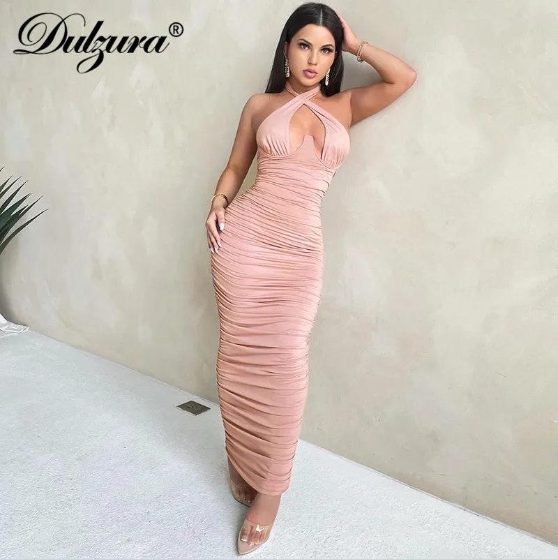 

Dulzura 2021 осень-зима для женщин розового цвета с рюшами и лямкой на шее платье миди платье с открытой спиной облегающее сексуальное Вечерние Э...