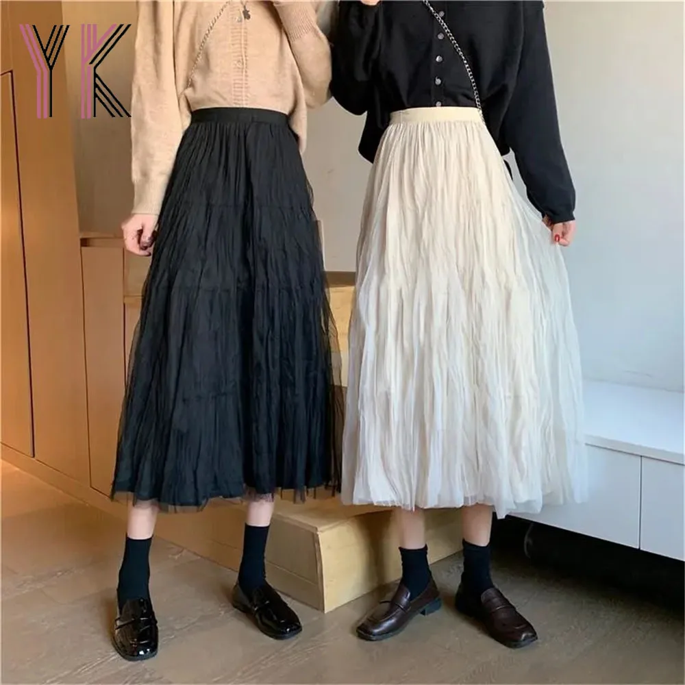 

Both Sides Wear Velvet Mesh Stitching Midi Skirt Korea Elastic Band High Waist Tulle Sukienka Loose Autumn Winter Fairycore Saia