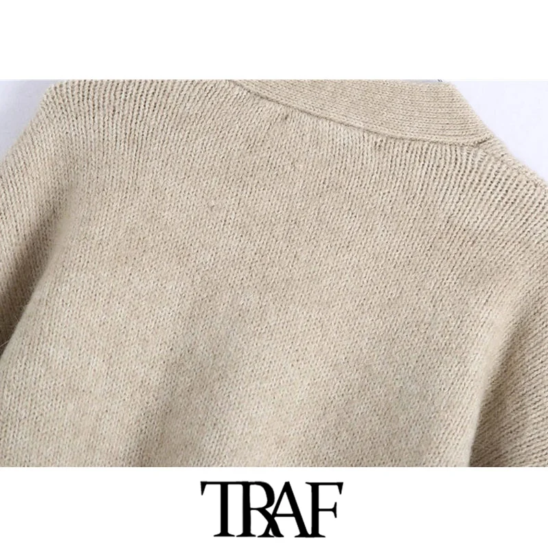 

TRAF Women Fashion With Rhinestone Buttons Knitted Cardigan Sweater Vintage Long Sleeve Loose Female Outerwear Chic Tops