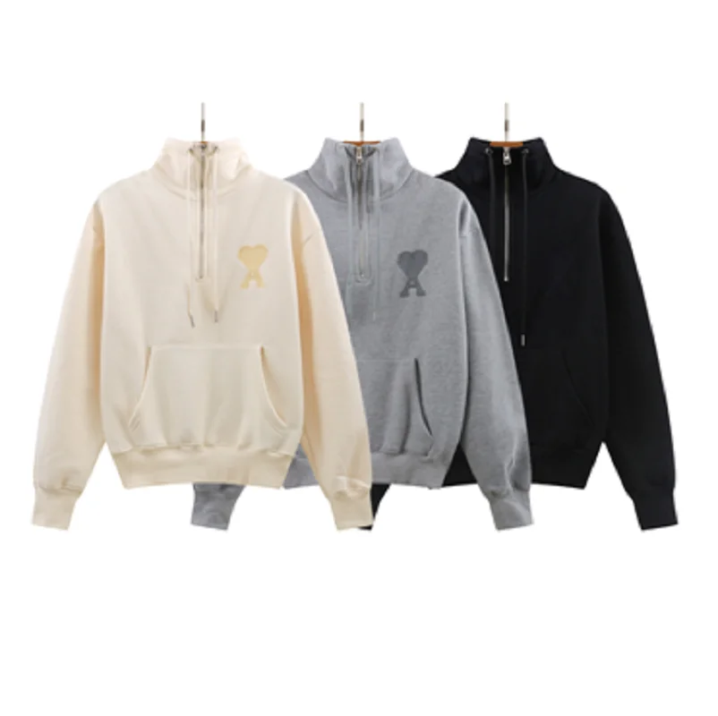

2021 New AMI Men And Women Hoodie Embroidered Hoodie High Collar Hoodie Half Open Zipper Fall Shoulder Casual Hoodie