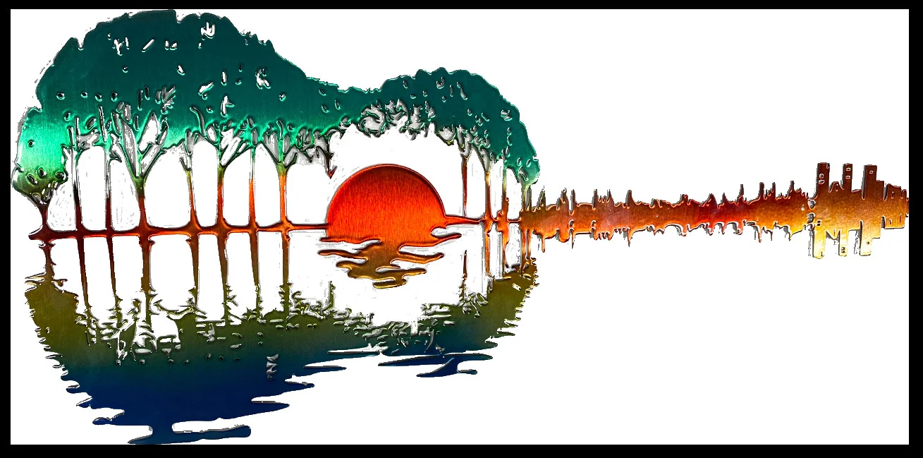 Guitarra abstracta de Metal para colgar en la pared, arte de hierro de precisi&oacute;n, reflejo de puesta de sol, decoraci&oacute;n del hogar, regalo colorido r&uacute;stico Vintage-4