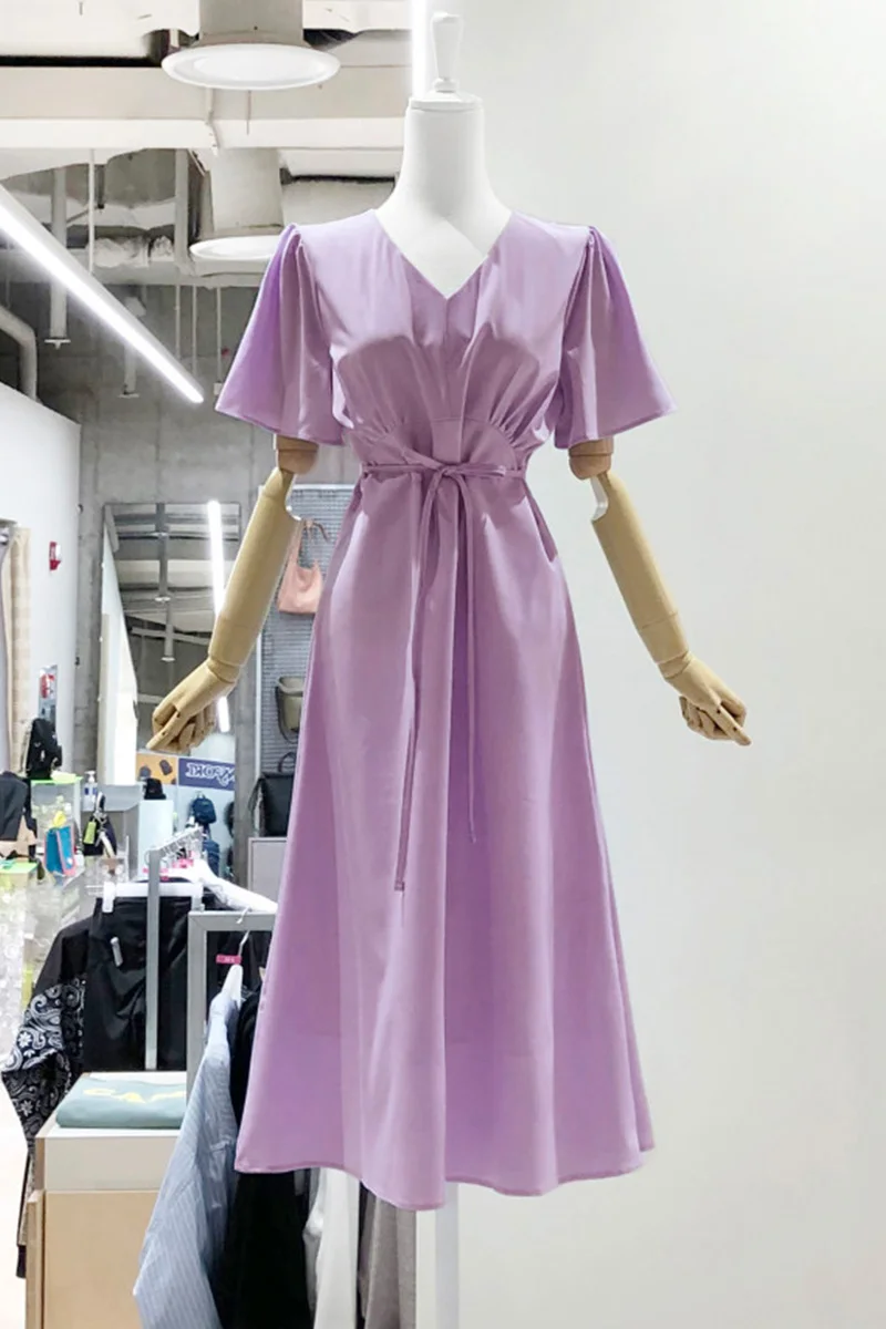 

2021 Summer Slimming V Neck Long Dress for Women Fashionable Slim Waist Bandage Dress Female A Line High Waist Dress
