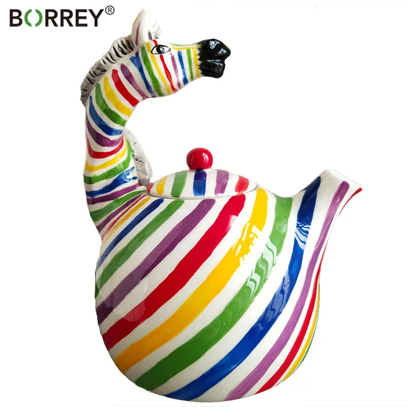 

BORREY 3DUpscale Ceramic TeaPot Cold Kettle Coffee Pot Hand Drawn Colorful Zebra Home Decoration artwork Birthday Wedding Gifts