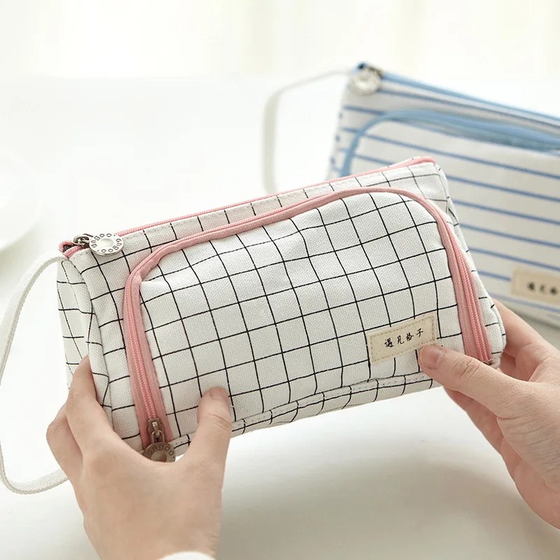 

Plaid Pencil Case Multifunction Portable Large Capacity Simple Storage Bag DU55