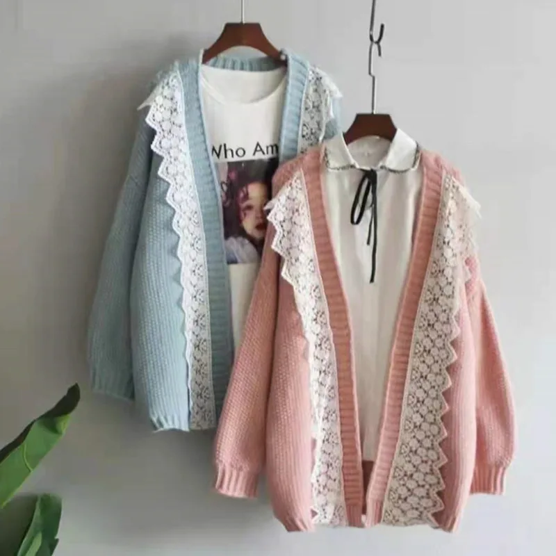 Женский трикотажный кардиган с кружевом повседневный Свободный длинным рукавом