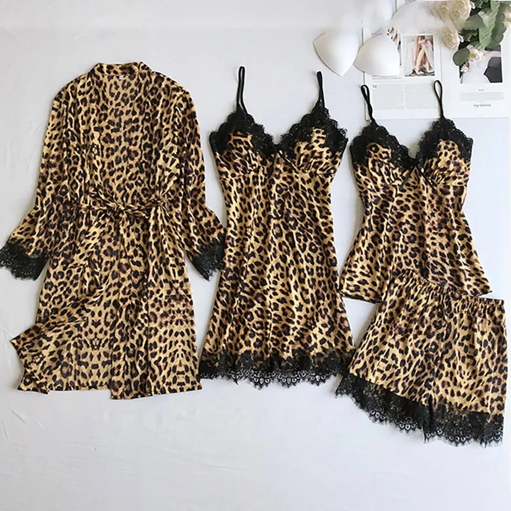 

Silk Women Pajama Sets Lace Sleepwear Ladies 5-Piece Leopard Robe Underwear Shorts Skirts Sexy Lingerie conjuntos de pijama g4