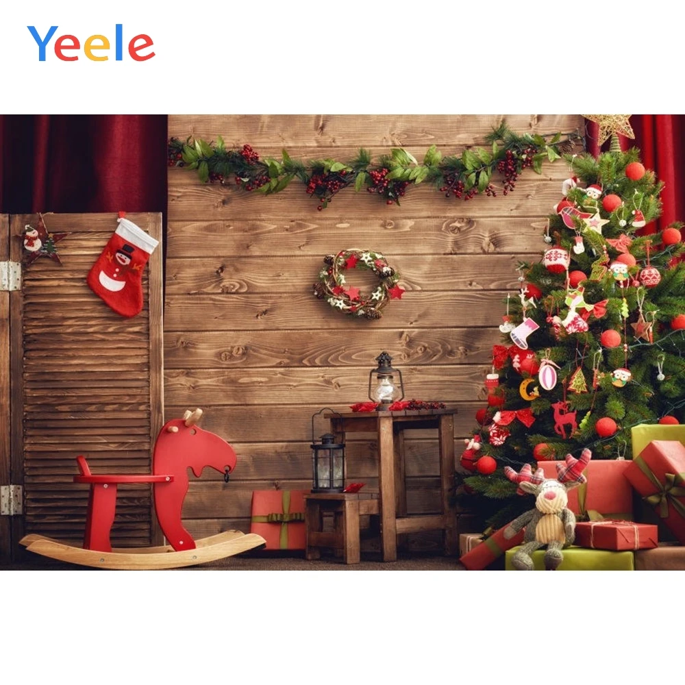 Рождественская елка деревянная стена игрушка кукла подарок носок фон виниловый