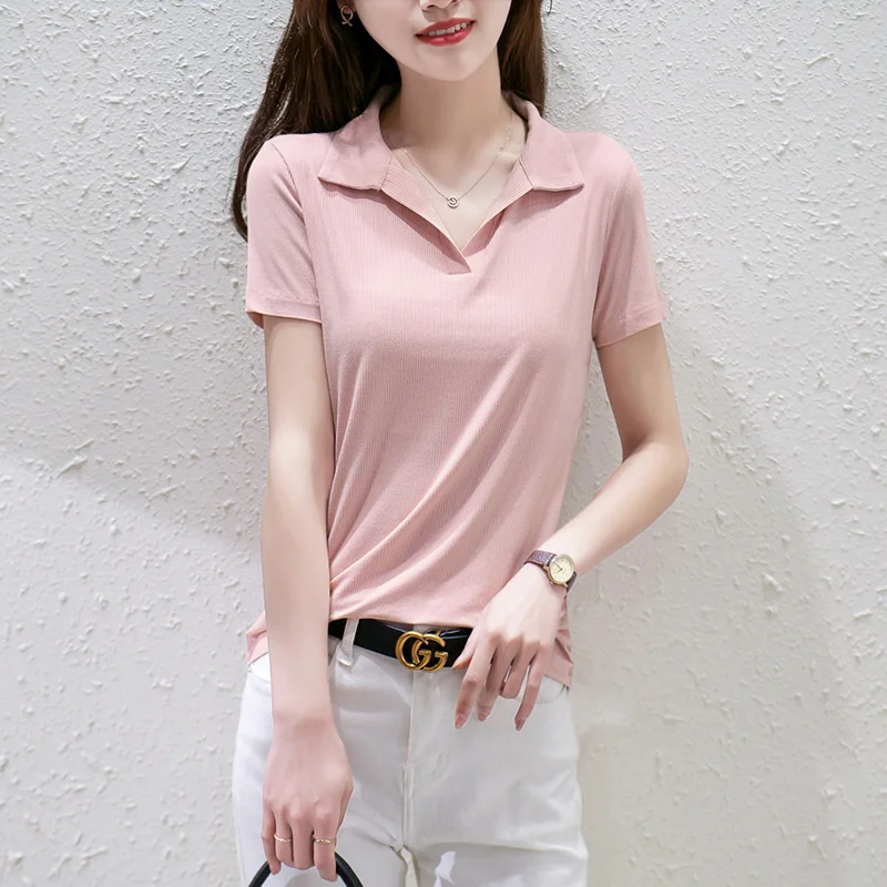

Cotton T-shirt Solid Color Turn-down Collar Short Sleeved T-shirt Female 2021 Spring And Summer New Slim Half Sleeved