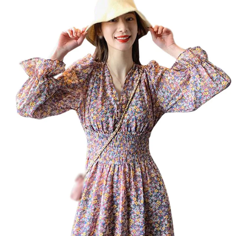 

Womens Floral V Neck Pleated Waist Midi A-Line Dress Outwear