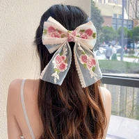 fashion big embroidery flowers barrette bow ties hair clips two layer floral hairpins girls cute sweet bowknot hair accessories
