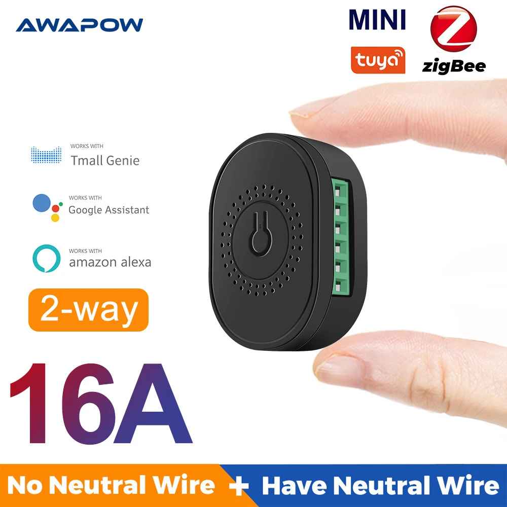 

Awapow ZigBee 3.0 Tuya Smart 16A Mini Switch Relay Breaker Neutral 2 Way Control Smart Life Alexa Google Home Automation Module