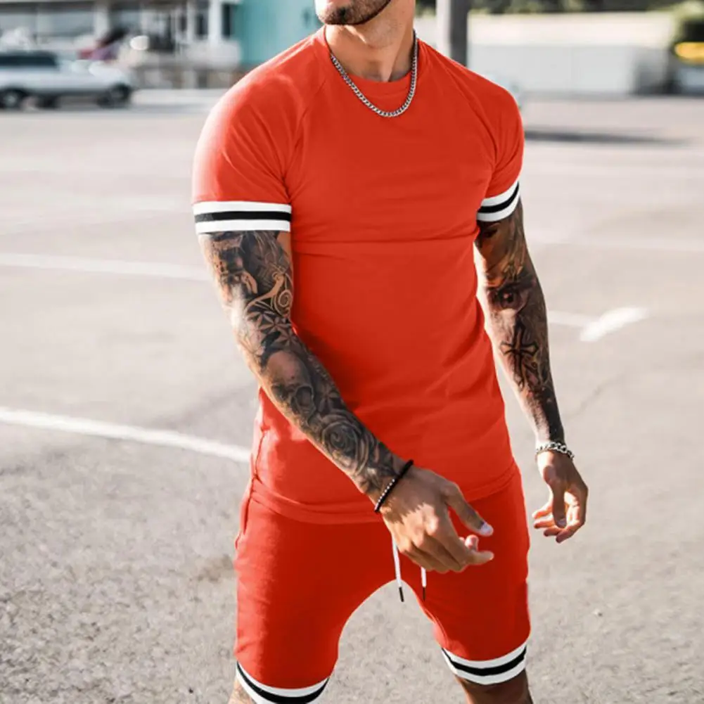 

Men Tracksuit Set Contrast Color Patchwork Summer Short Sleeve T-shirt Drawstring Shorts Fitness Sweatshirt Sweatpants Set
