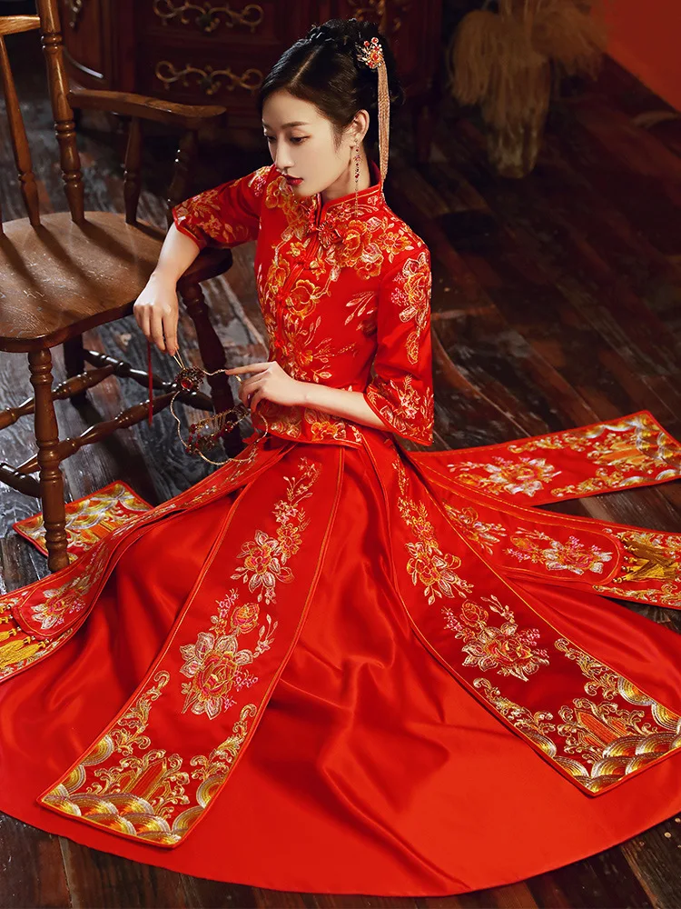 

Китайские свадебные платья для невесты, женское свадебное платье с вышивкой для невесты, длинное восточное платье Ципао ручной работы