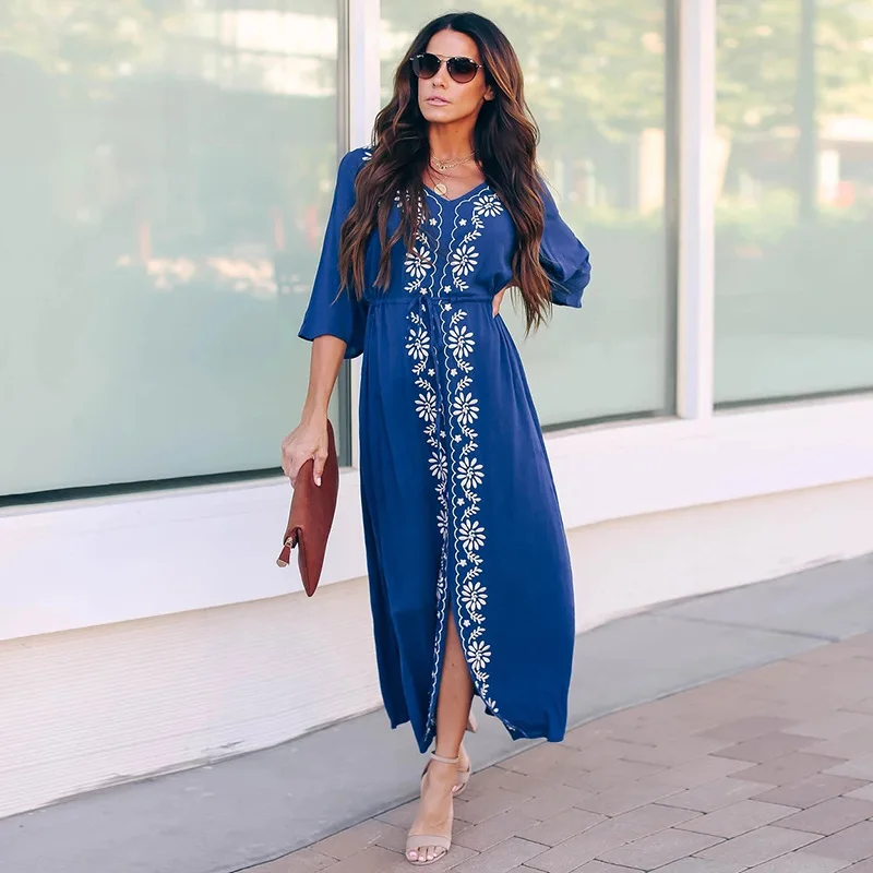New Blue Bottom White Embroidered Drawstring Beach Skirt Seaside Resort Sun Protection Clothing Women'S Swimsuit Blouses Robe