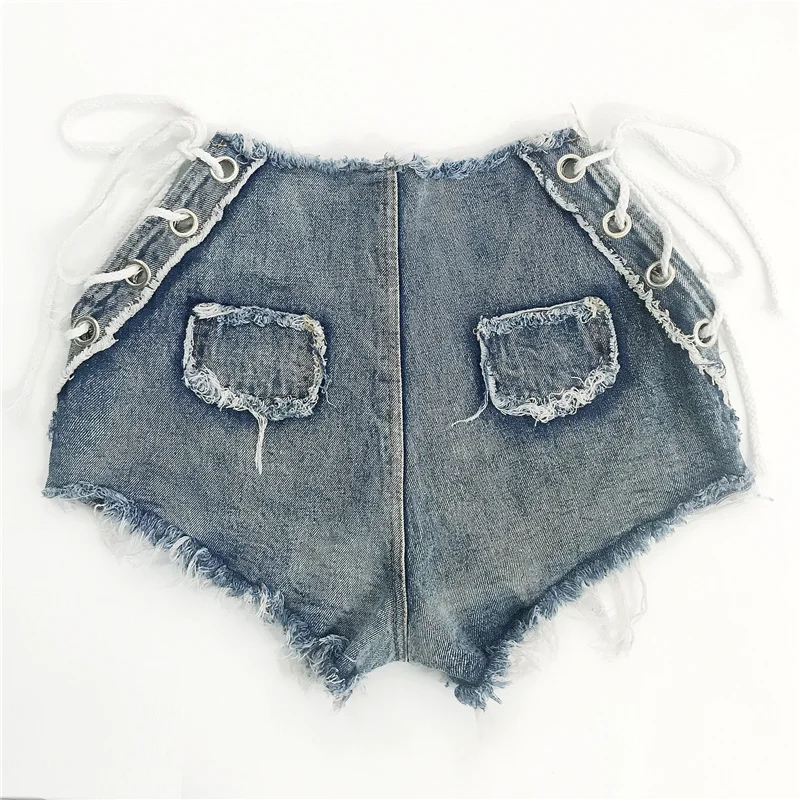 

Summer Women Sexy Lace Up Hollow Out Shorts Jeans Female Mini Blue Denim Hot Shorts All-Match Distressed Skinny Jean Shorts New