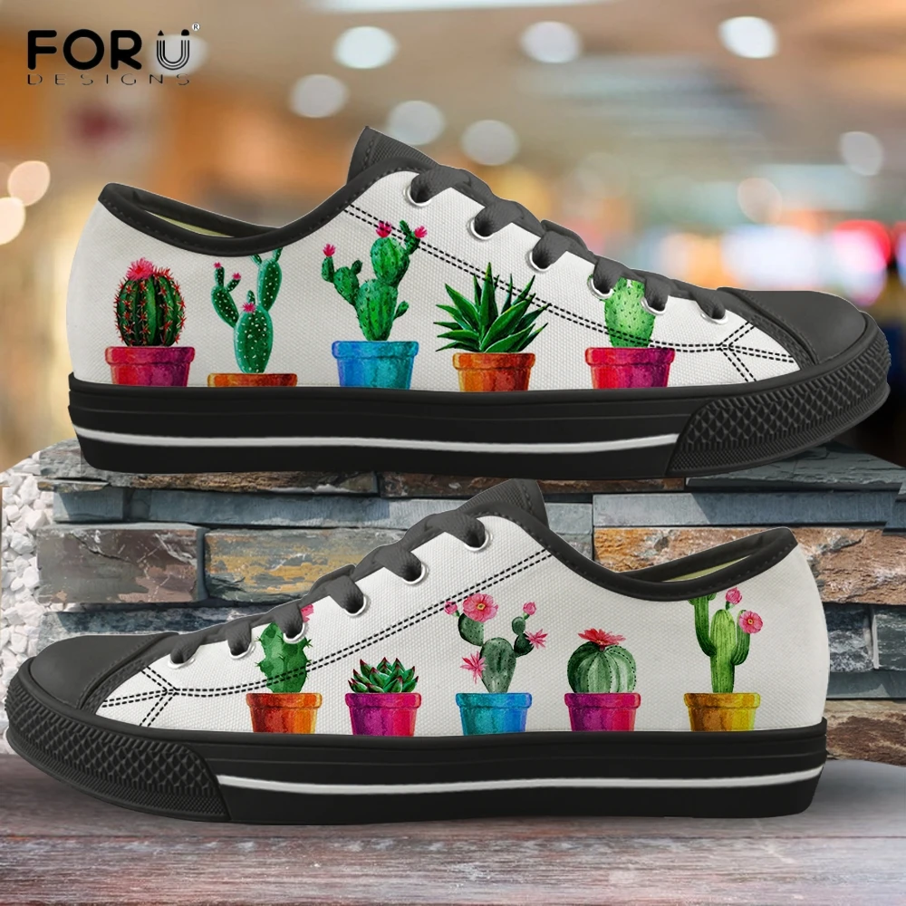 FORUDESIGNS Green Plant Cactus Printed Sneakers for Woman Casual Low Top White Canvas Shoes Designer Ladies Plus Size 44 Shoe | Обувь