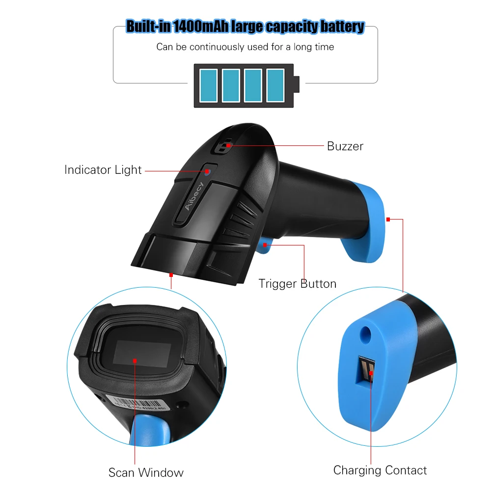 Ручной сканер штрих-кода Aibecy 1D и 2D беспроводной считыватель с USB-приемником