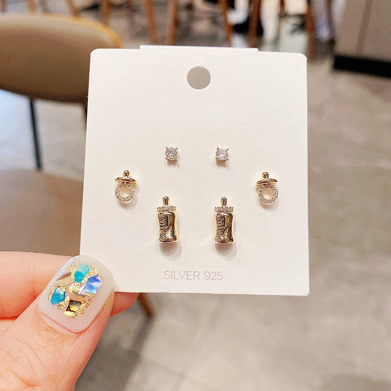 

Exquisite 3 Pairs Cute Small Milk Bottle Stud Earrings Set for Women Girls Gold Color Plated Fashion Jewelry