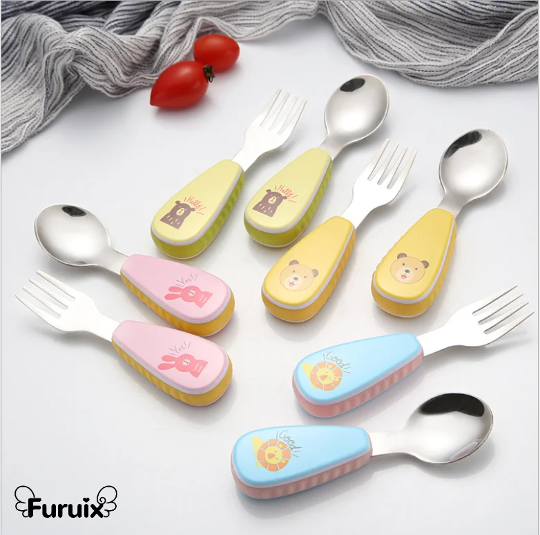 Cuchara infantil de dibujos animados de acero inoxidable 304, tenedor para aprender a comer, suplemento de alimentos para beb&eacute;s, juego de cubiertos port&aacute;til-0