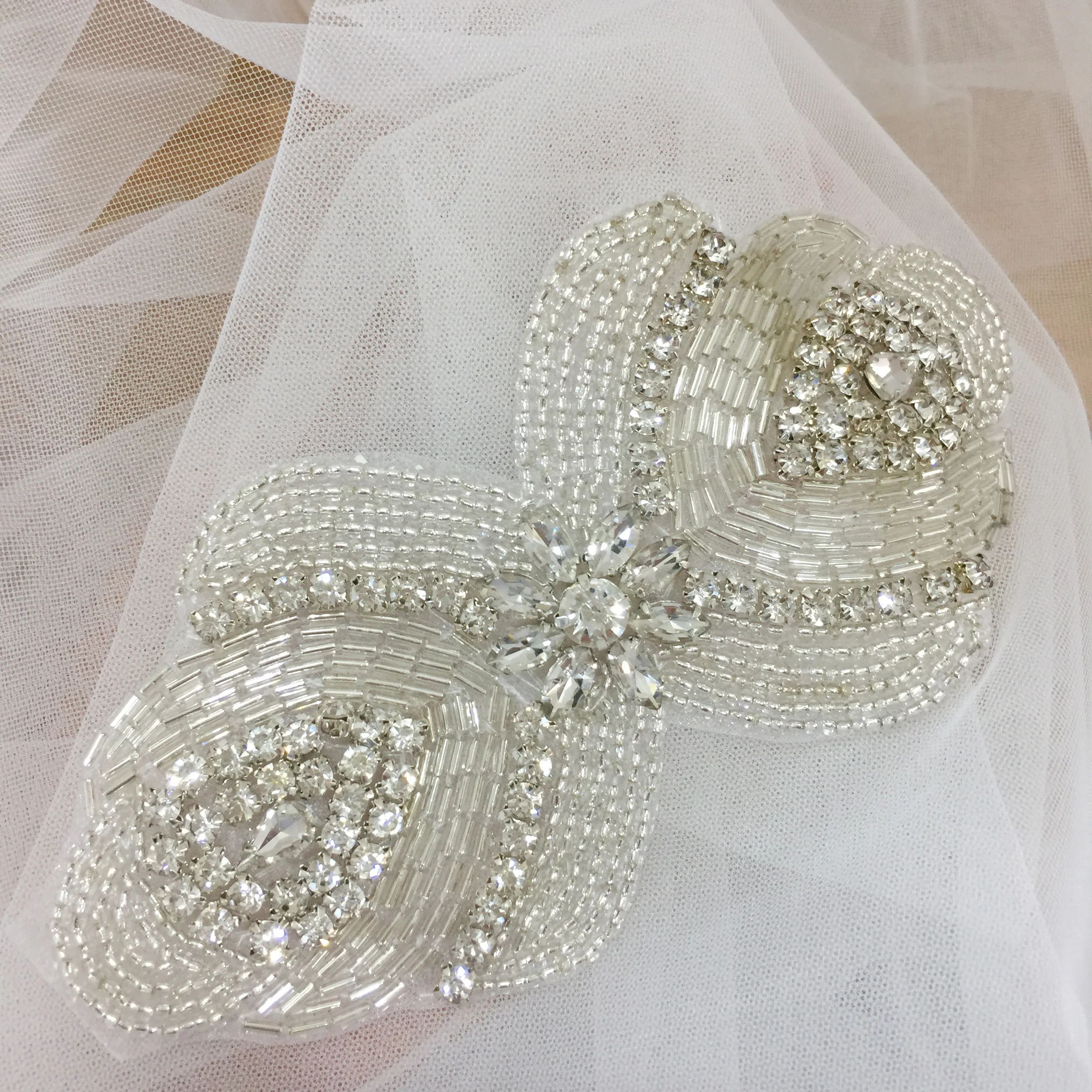 

3 pieces vintage style rhinestone beaded iron on lace applique for bridal sash wedding belt