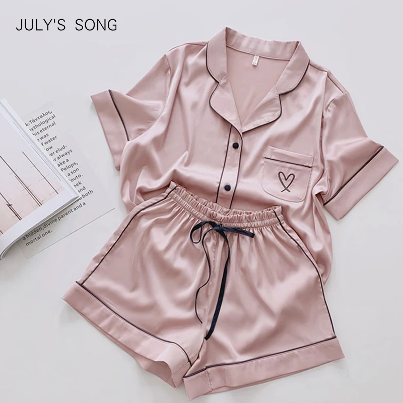 

JULY'S SONG Summer Faux Silk Women Pajamas Heart Embroidery Solid Pink Pajamas Sleepwear Casual Nightwear Soft Satin Homewear