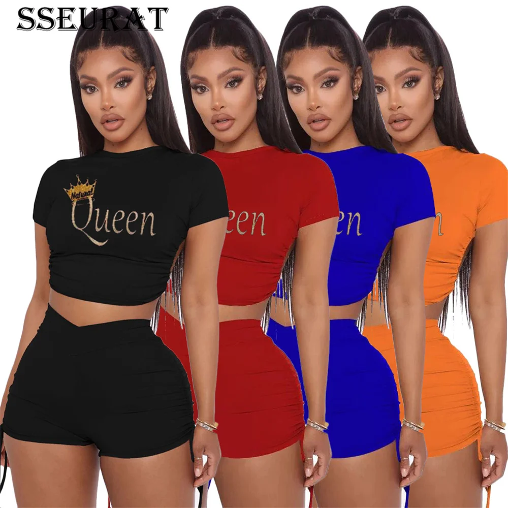 

SSEURAT Women Set Print Letter Short Sleeve Bangdage Tops Shirring Elastic Shorts 2 Piece Set Tracksuit Summer Outfit