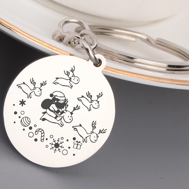 Stick Figure Santa Claus And Elk Dangle Round Keychain For Christmas New Year Exclusive Gift Tree Decoration | Украшения и