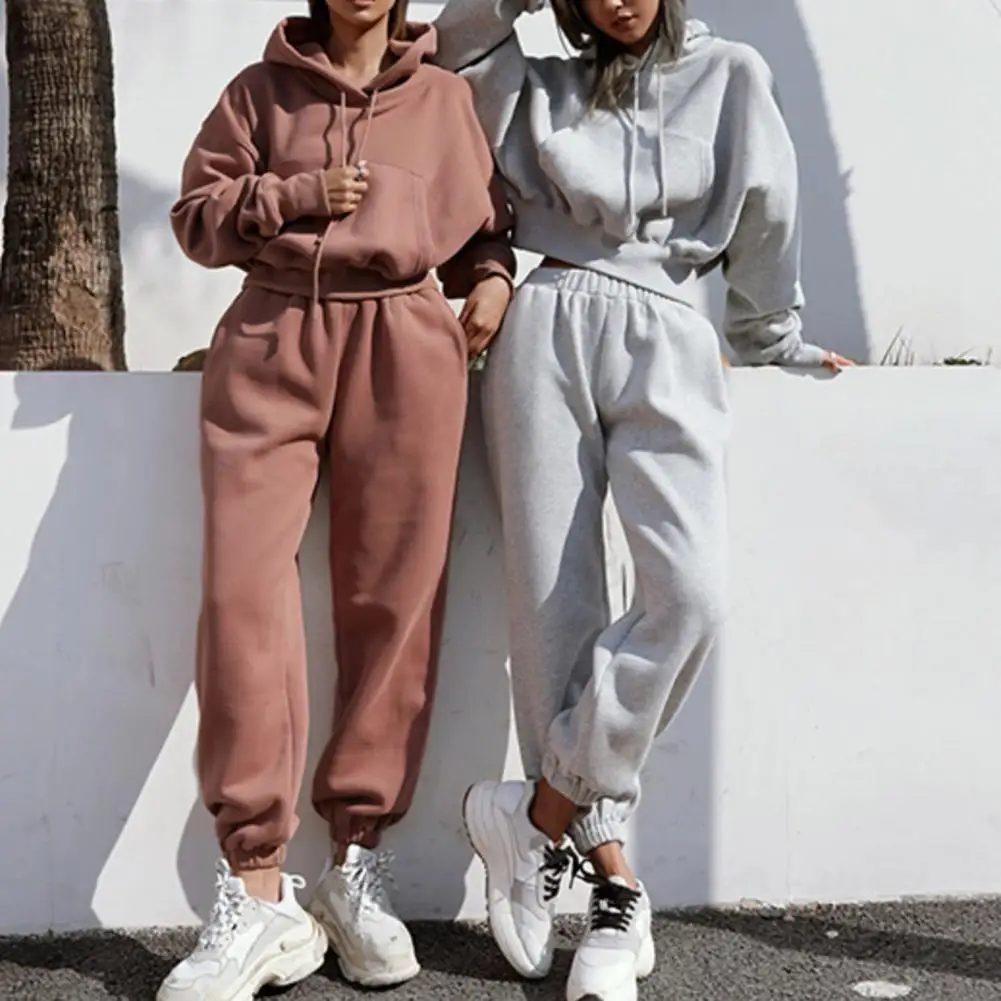 

1 Set Sporty Solid Color Waist Tied Hoodie Pants Sweatshirt Sweatpants Set Warm Large Pocket