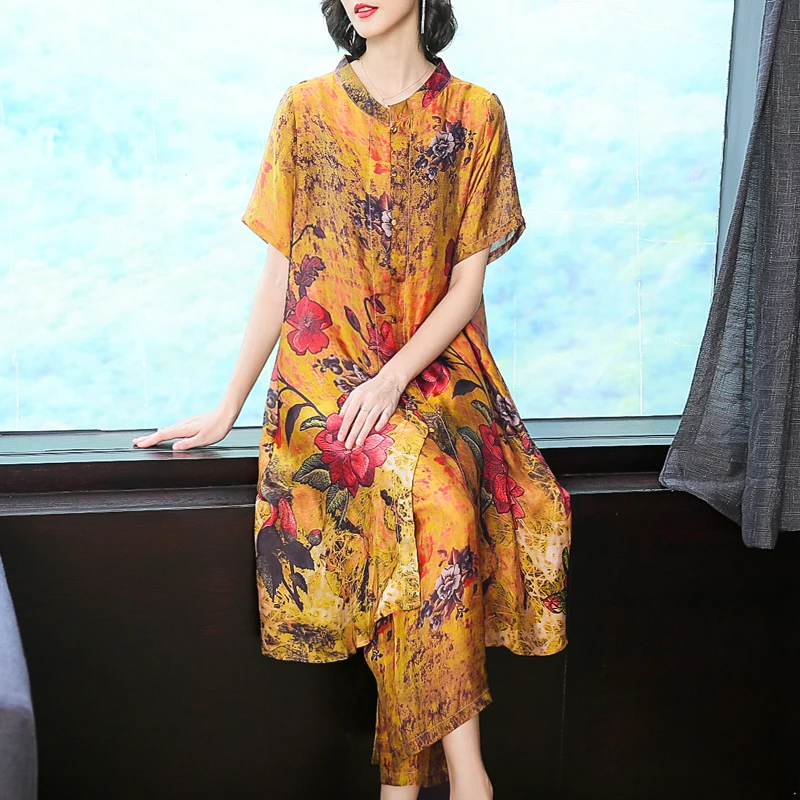 2019 Summer New Casual Silk Print Women Two Piece Set O Neck Button Long Shirt And Elastic Waist Wide Leg Pants Sets XL-6XL | Женская