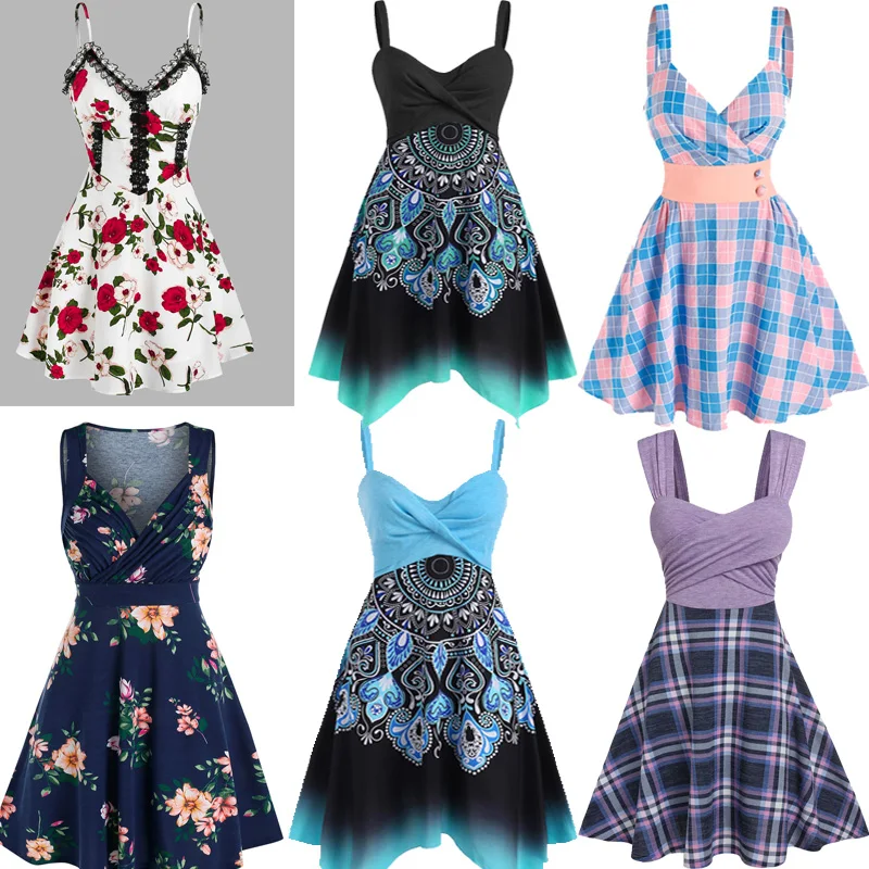 

Women Vintage Dresses Plaid Print Floral Lace M-3XL Front Cross Ruched Leeveless A-Line Tank Tops Swing Party Dress