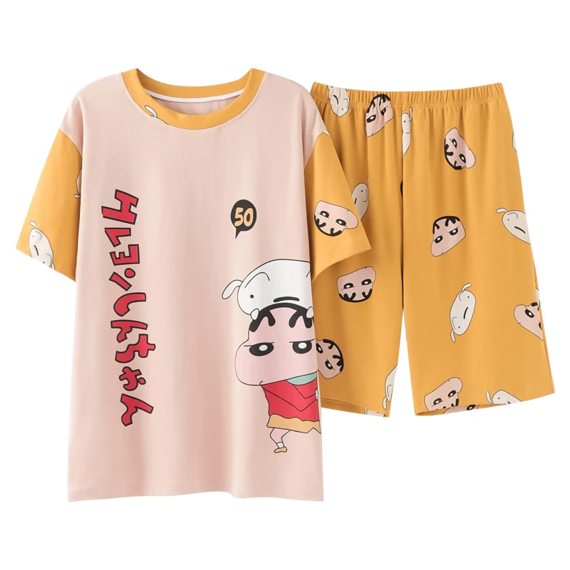 

With Short Sleeves Lounge Sets Can Go Out Students Pajamas Set Summer O-neck Cute Cartoon Sleepwear Yellow Cotton Men T-shirts