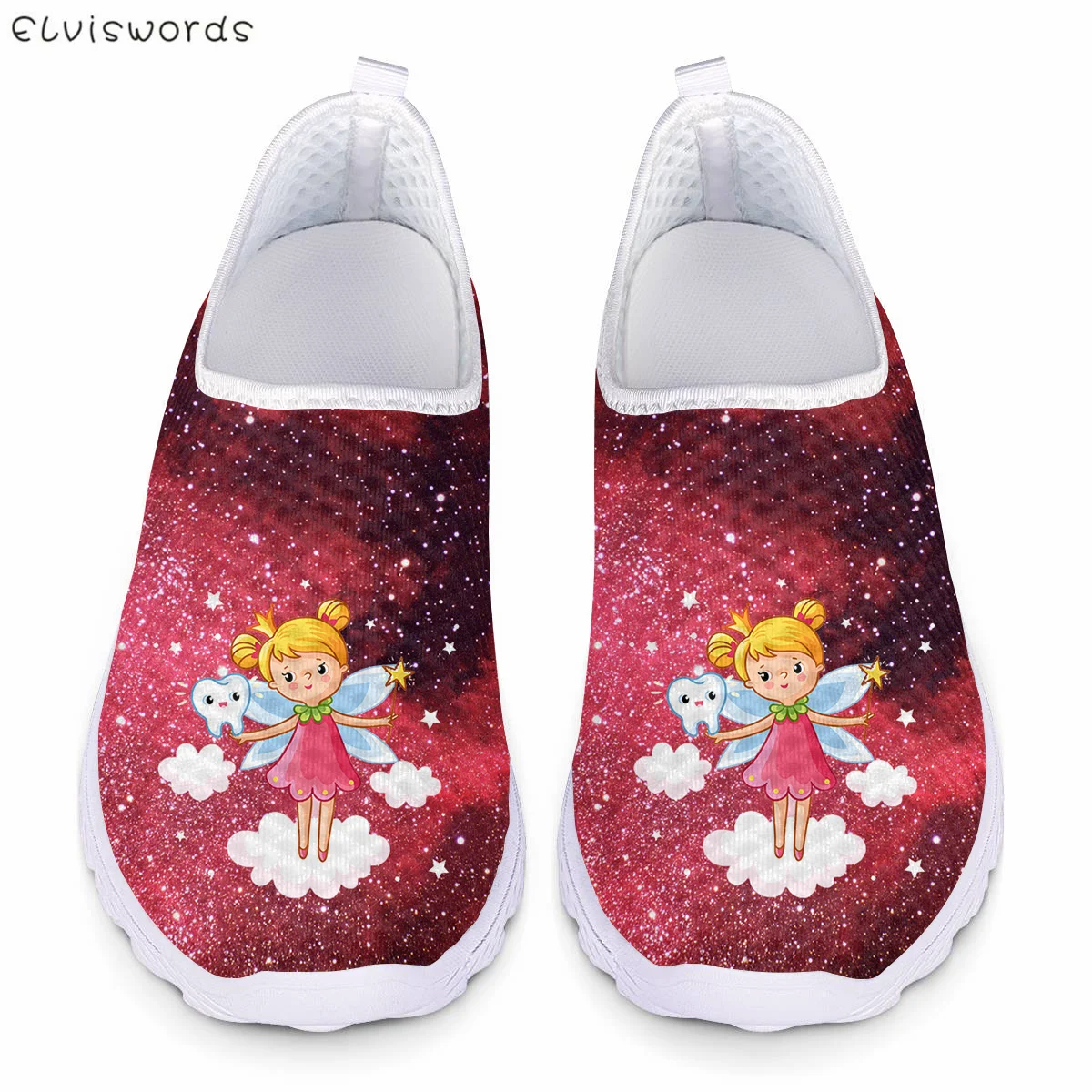 

ELVISWORDS Pretty Galaxy With Angle Girls Pattern Flats Shoes for Women Summer Breathable Mesh Sneaekr Slip-on Loafers Light New
