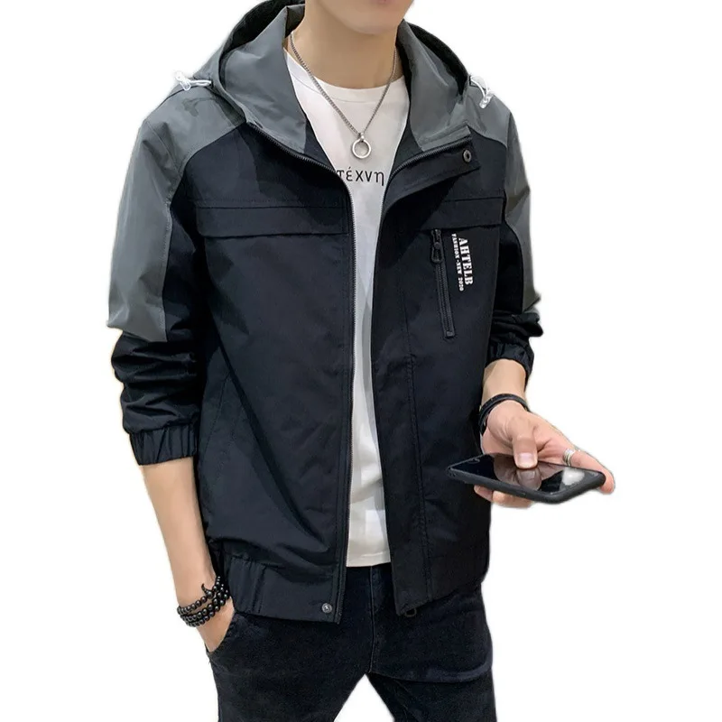 

men's Plush jacket autumn zipper straight hem side seam pocket youth casual hooded color matching jacket