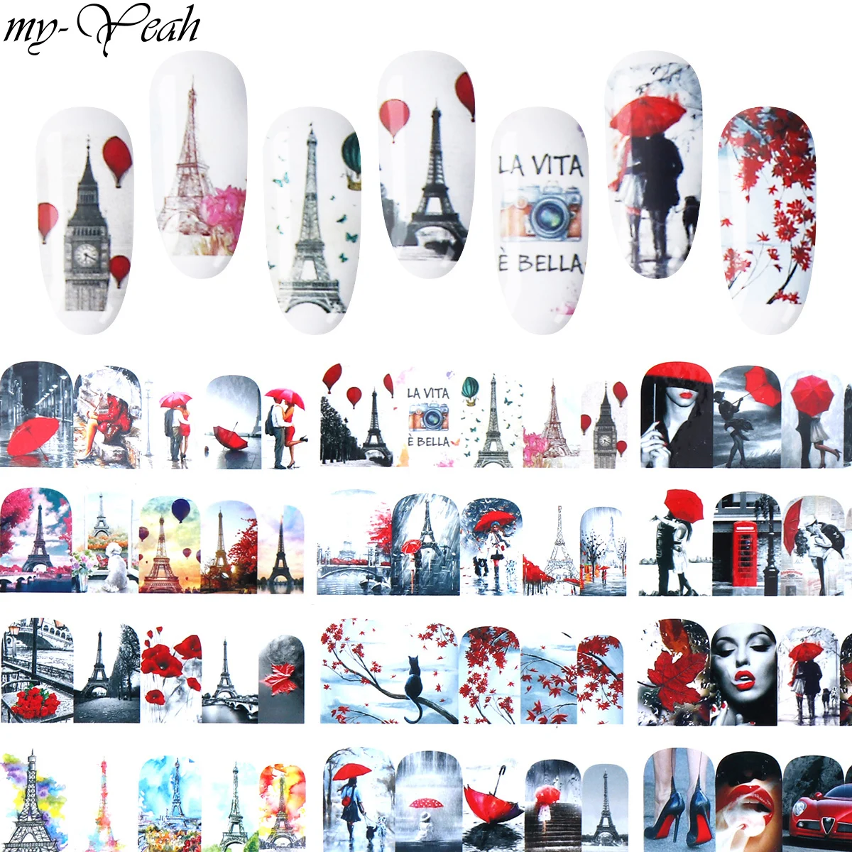 My Yeah 12 листов для дизайна ногтей Эйфелева башня кленовый узор полное покрытие