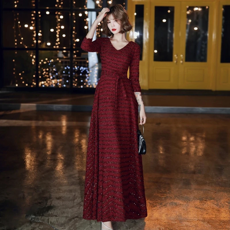 Женское длинное вечернее платье бордовое кружевное элегантное платье-трапеция с