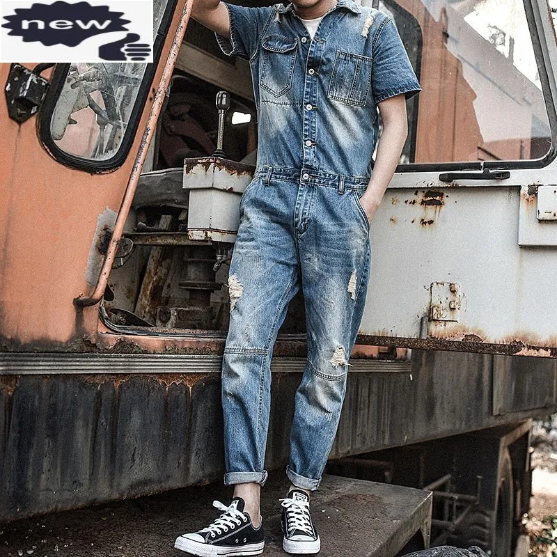 Japan Retro Mens Overalls Short Sleeved One Piece Denim Pants Casual Washed Jeans Jumpsuits Button Classic Hole Ripped Trousers