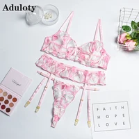 aduloty sexy pink flower petal embroidery hollow womens gathering with steel ring underwear garter belt erotic lingerie suit