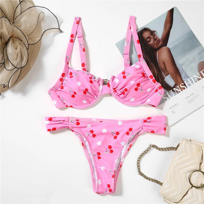 

Summer Beachwear New ATUOH Sexy Pink Print Swimsuit Women Bikini Set Underwire Push Up Bathing Suit High Cut Swimwear