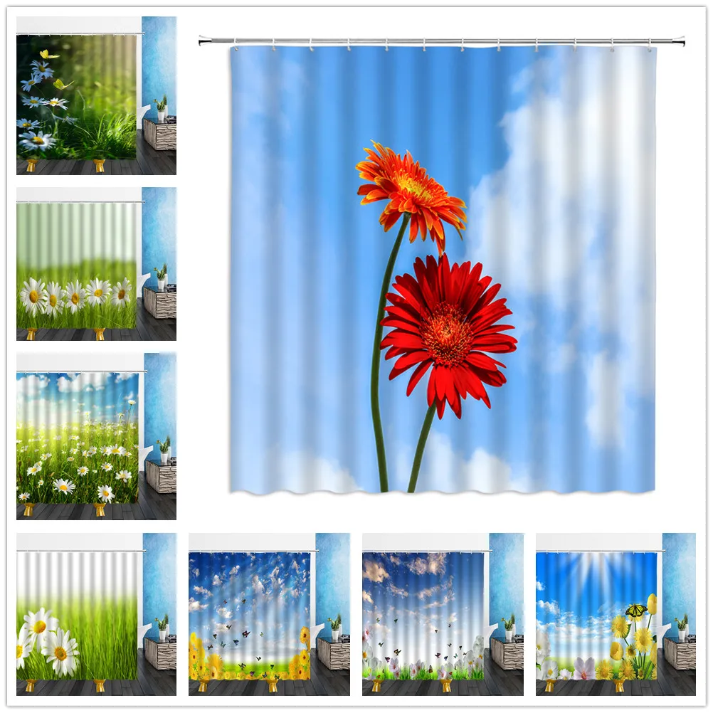 

Spring Landscape Shower Curtain Garden Flowers Butterfly Pattern Waterproof Polyester Cloth Bathroom Curtains Screen With Hooks