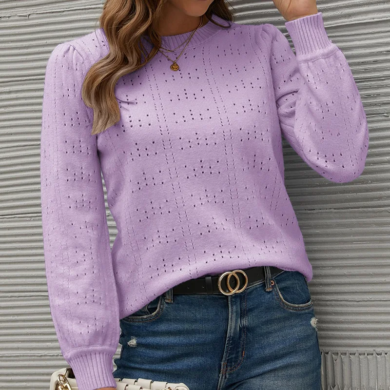 

2021 Autumn Winter New Solid Color Hollow Knit Sweater Woman Knitted Round Neck Long Sleeve Top Casual Fashion Pullover