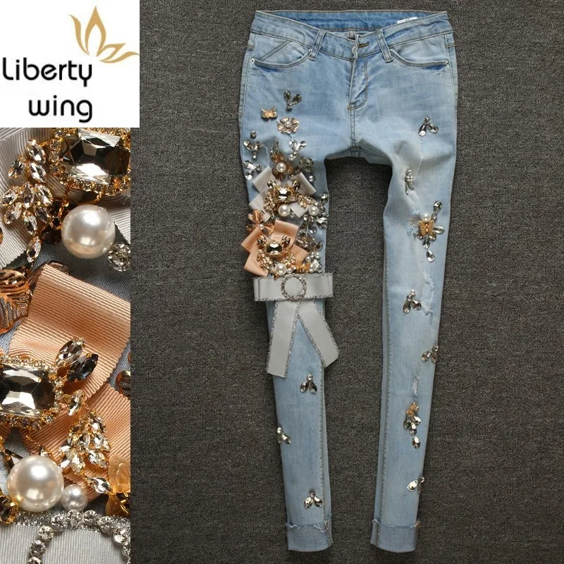 Европейские Новые Роскошные джинсы со стразами с украшениями под бриллианты