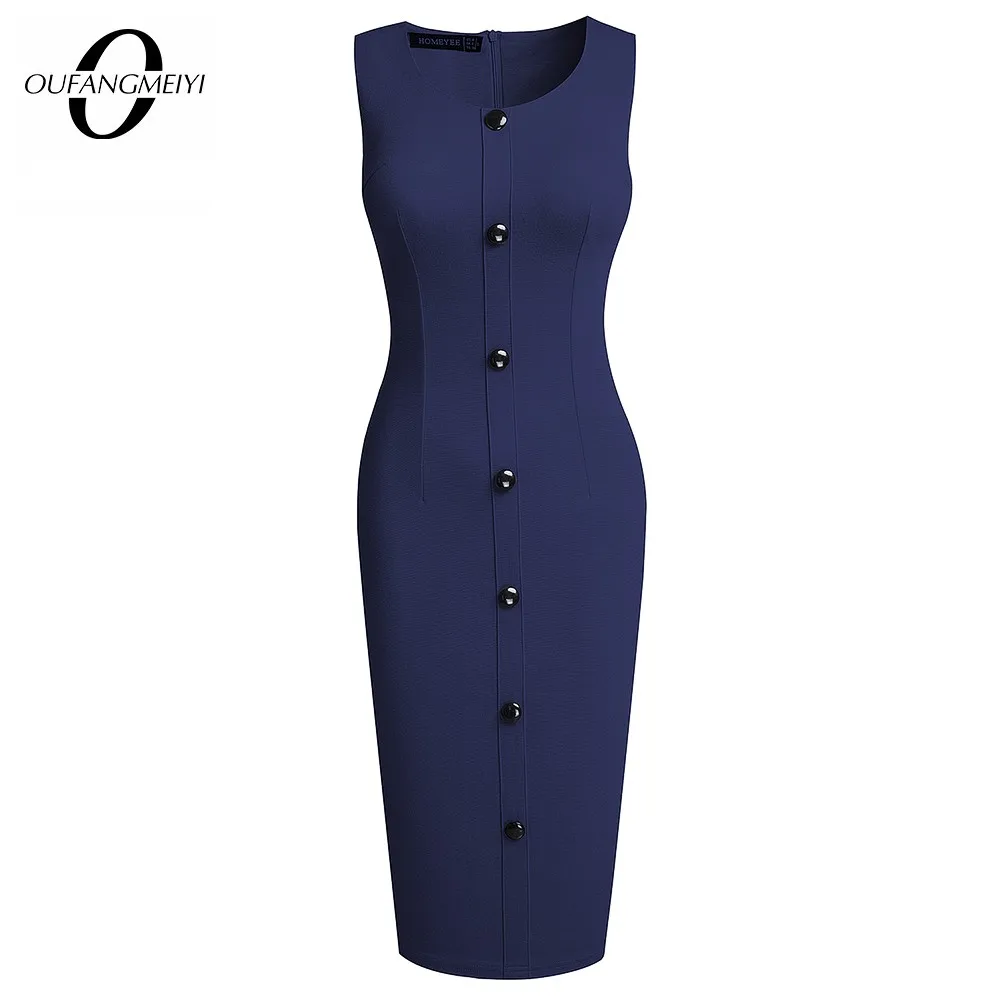 

Женское однотонное офисное платье-карандаш без рукавов, на пуговицах, с круглым вырезом, EB645