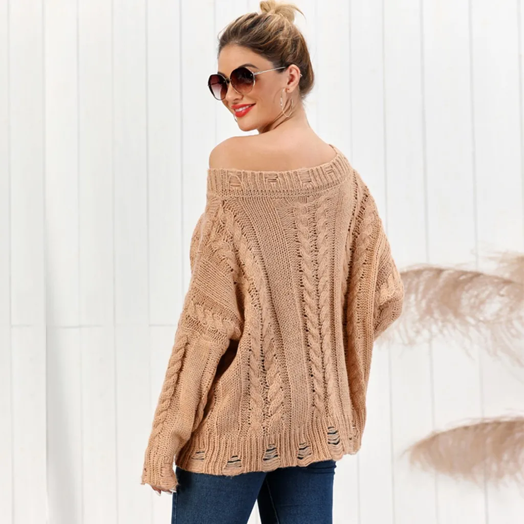 New Women Block Hole Solid Sweater Knitwear V-Neck Long Sleeve Stylish Pullover Casual knitting Soft Tops | Женская одежда