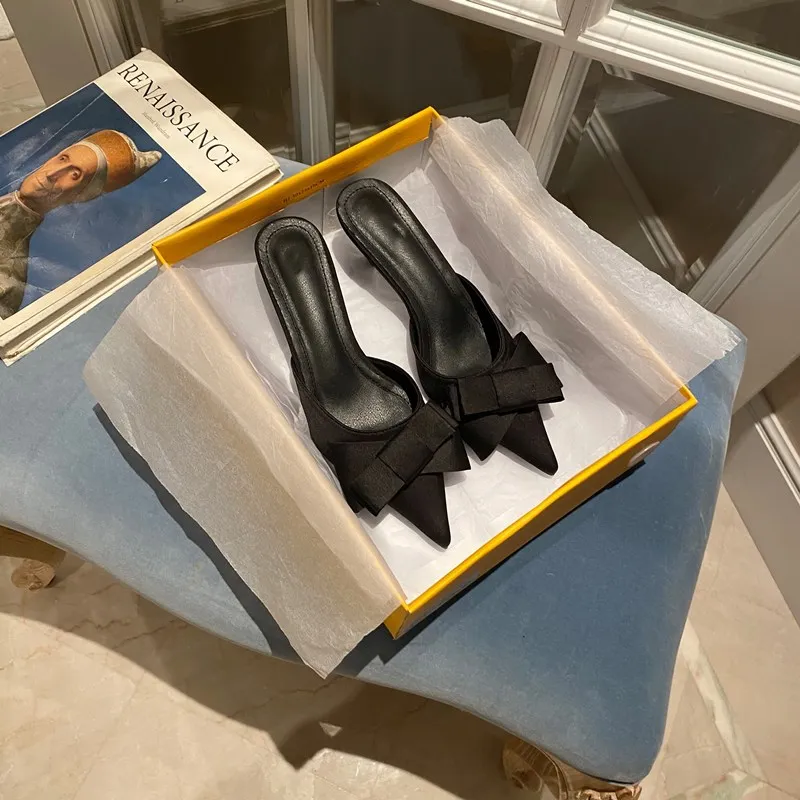 

half slippers spring and summer 2021 new women's shoes thin heel middle heel pointed bow Muller High Heel Sandals