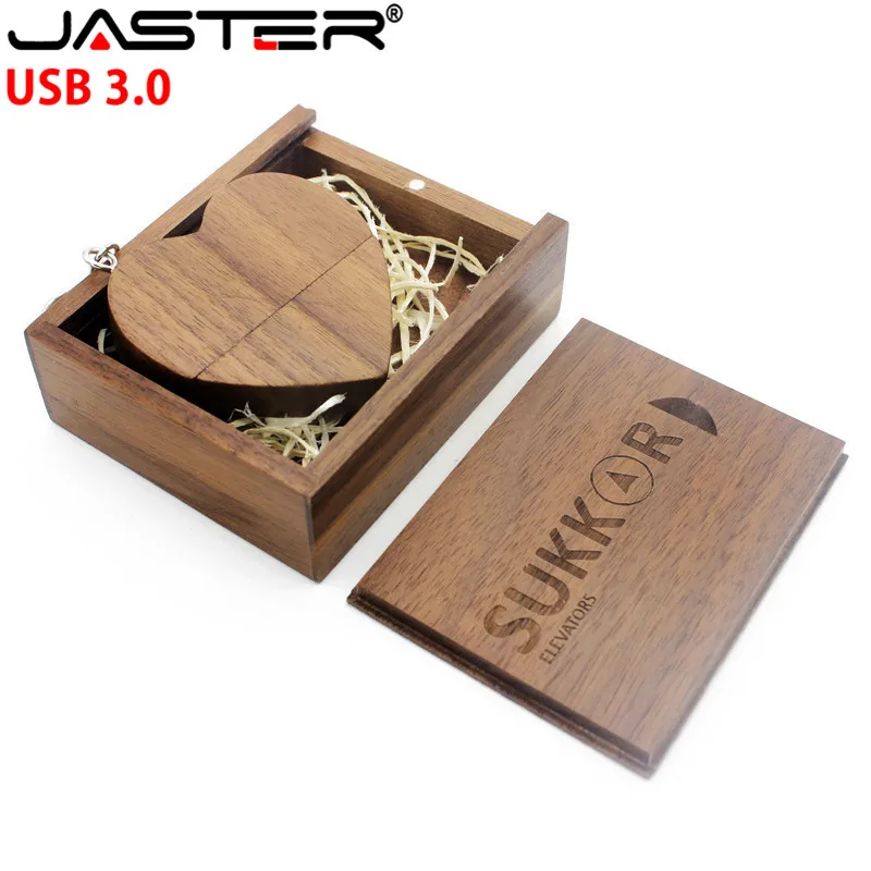 JASTER(5 шт., Пользовательский логотип) USB 3,0 грецкий орех сердце USB+ коробка флэш-накопитель 64 ГБ 32 ГБ 16 ГБ 4 ГБ U диск фотография свадебный подарок